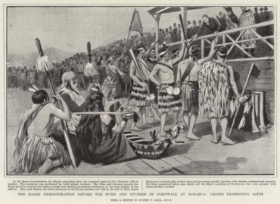 Die Maori-Demonstration vor dem Herzog und der Herzogin von Cornwall in Rotorua, Häuptlinge präsentieren Geschenke von Sydney Prior Hall