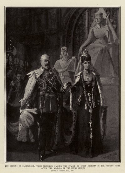 Die Eröffnung des Parlaments, Ihre Majestäten passieren die Statue von Königin Victoria im Prinzenzimmer nach der Verlesung der Königlichen Rede von Sydney Prior Hall