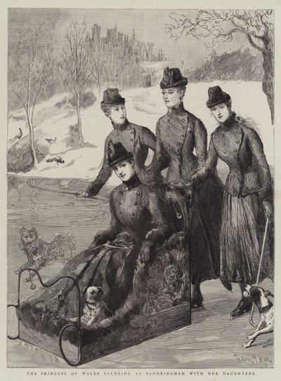 Die Prinzessin von Wales beim Schlittenfahren in Sandringham mit ihren Töchtern von Sydney Prior Hall