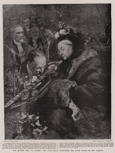 Der Besuch der Königin in London, der Lord Mayor überreicht das Staatsschwert Ihrer Majestät von Sydney Prior Hall