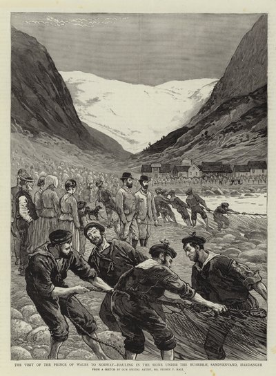 Der Besuch des Prinzen von Wales in Norwegen, Einholen des Seines unter dem Buarbrae, Sandvenvand, Hardanger von Sydney Prior Hall
