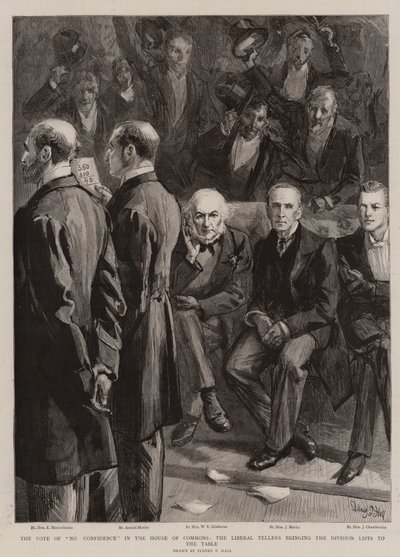 Das Misstrauensvotum im Unterhaus, die liberalen Zähler bringen die Abstimmungslisten zum Tisch von Sydney Prior Hall
