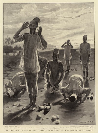 Der Vormarsch im Sudan, Gebete in der Wüste, eine Sonnenuntergangsszene bei Berber von Sydney Prior Hall
