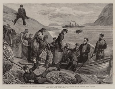 Touristen in den westlichen Highlands, Passagiere steigen in Loch Scavaig ein nach dem Besuch von Loch Coruisk von Sydney Prior Hall