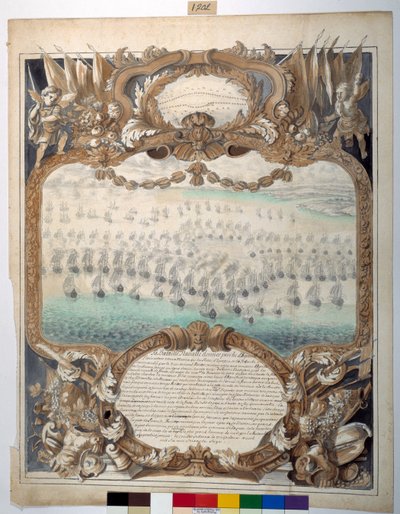 Seeschlacht bei Agouste, 22. April 1676 (schwarze Tinte & Kartographenfeder mit Aquarell auf Papier) von Sylvain Bonnet