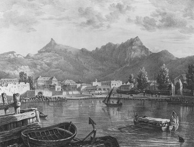 Port Louis, Mauritius, von der östlichen Seite des Hafens, ca. 1830 (Lithographie) von T. (after) Bradshaw