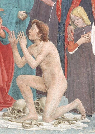 Detail des auferstandenen Kindes, aus der Auferweckung des Sohnes des Theophilus und St. Peter als erster Bischof von Antiochia, ca. 1427 und ca. 1484-85 (Detail) von Tommaso Masaccio