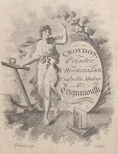 Handelskarte für Croydon, Drucker, Buchhändler und Schirmmacher, 19. Jahrhundert von T. Rickard