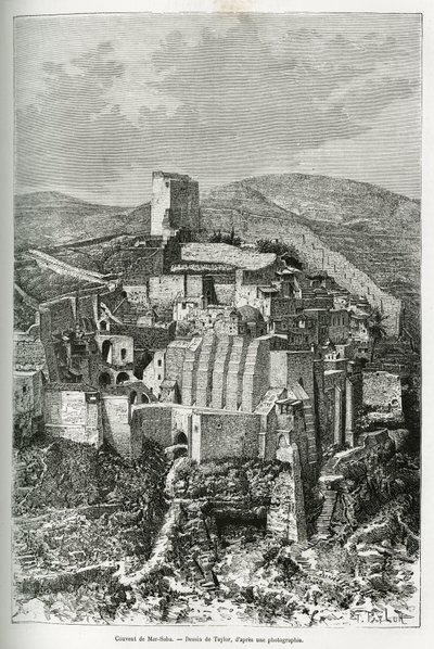 Das Kloster Mar-Saba (Mar Saba) (Palästina). Taylors Gravur, um die Geschichte von Syrien heute zu illustrieren, von M. Lortet, Dekan der Medizinischen Fakultät von Lyon, beauftragt mit einer wissenschaftlichen Mission durch das Bildungsministerium, veröff von T Taylor