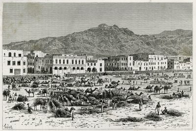Der Marsch von Aden (Jemen). Taylors Gravur zur Illustration der Geschichte „Reise nach Benadir, Somalis und Bayoun“ 1882-1883, von M.G. Revoil. Veröffentlicht in Le Tour du monde, nouveau journal des voyages von T Taylor
