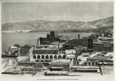 Ansicht von Beirut und dem Libanongebirge, Gravur nach einer Zeichnung von Taylor, zur Illustration der Geschichte von Syrien heute von Mr. Lortet, Dekan der Medizinischen Fakultät von Lyon, im Auftrag des Ministeriums für öffentliche Bildung, 1875-1878, v von T Taylor