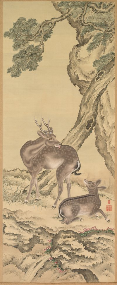 Symbole der Langlebigkeit: Hirsch unter Pfirsich und Kiefer (links), Paar hängende Schriftrollen von Tadanaka Toda
