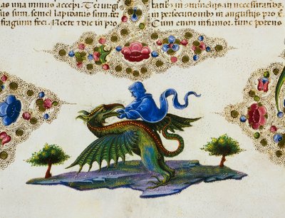 Bordüre am Fuß der Seite mit Figur des Genius und geflügeltem Monster, Band II f 198, v, Bibel von Borso d