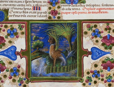 Randfries am Fuß der Seite mit monströsem Tier in Landschaft, Band II, f 207, v, Bibel von Borso d