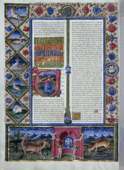 Incipit des Buches Jeremia, das den Propheten in einer Initiale zeigt, aus der Bibel von Borso d