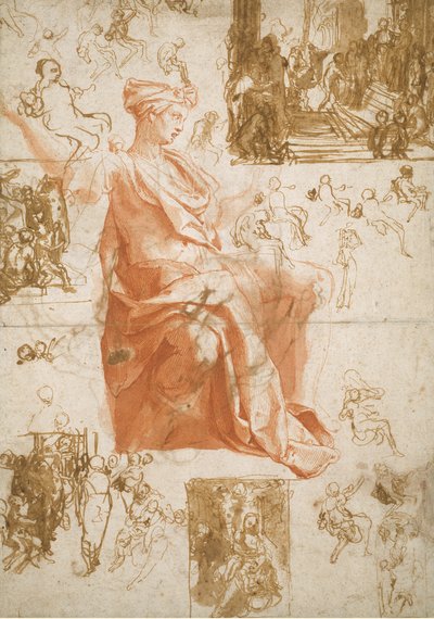 Blatt mit Studien für die Blendung des Elymas, Opfer in Lystra und eine Heilige Familie von Taddeo Zuccaro