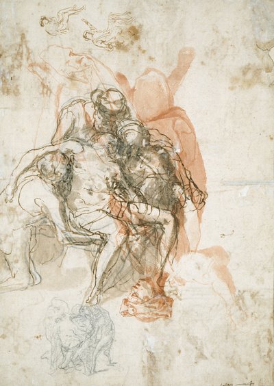 Drei Figuren, die einen Mann stützen, kleinere Skizze desselben und Studien zur Blendung des Elymas von Taddeo Zuccaro