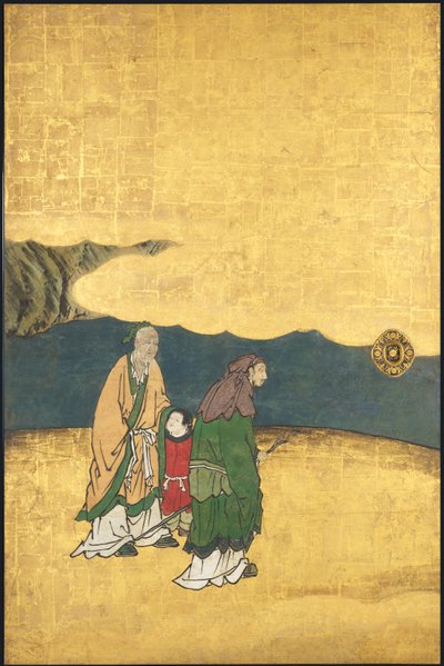 Ein Spiel von Go, aus den Vier Errungenschaften, Anfang des 17. Jahrhunderts (Schiebebildschirm; Tinte, Farbe und Gold auf Papier) von Takanobu Kano