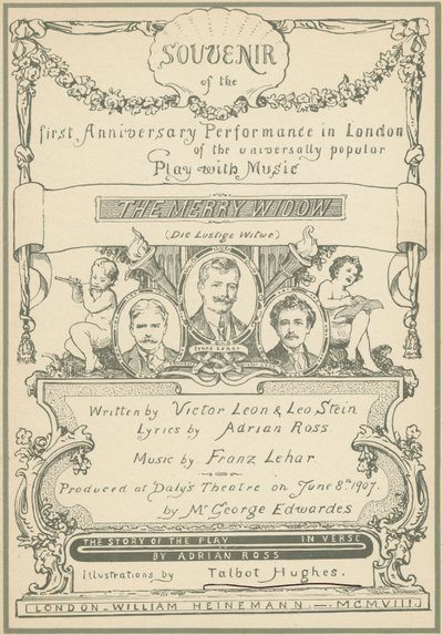 Titelseite des Souvenirs zum ersten Jubiläumsauftritt in London von Die lustige Witwe von Talbot Hughes