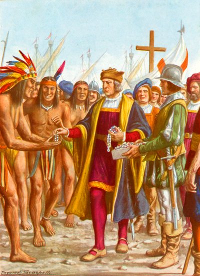 Kolumbus geht in San Salvador an Land und verteilt Perlen an die Eingeborenen von Tancredi Scarpelli