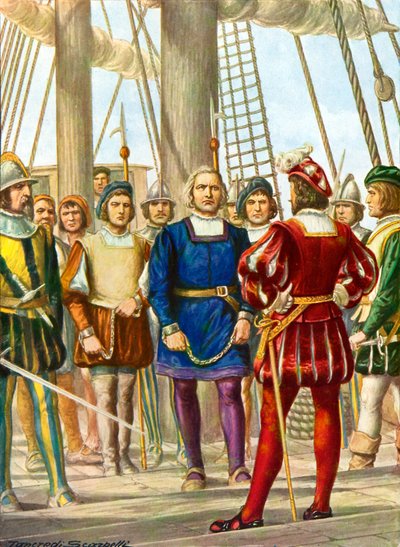 Christoph Kolumbus und seine Brüder Bartolomeo und Diego werden auf einem Schiff gefangen genommen, das sie nach Spanien bringen wird von Tancredi Scarpelli