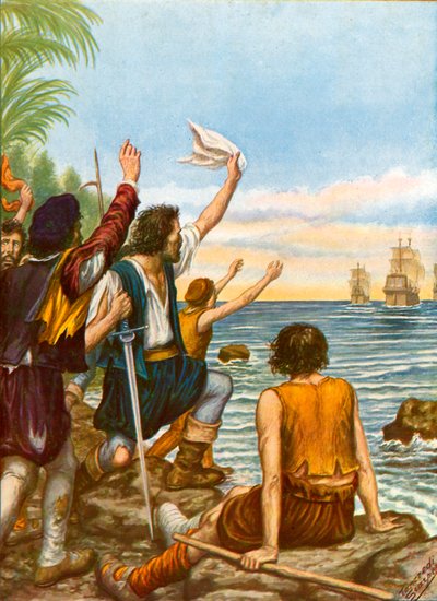 Diego Masques, Kapitän eines der Schiffe der zweiten Expedition von Christoph Kolumbus, auf einer Insel mit acht Männern zurückgelassen von Tancredi Scarpelli