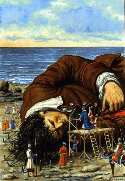 Illustration zur Geschichte Gullivers Reisen von Jonathan Swift. Die Bewohner von Lilliput fesseln den Riesen Gulliver. Zeichnung von Tancredi Scarpelli, 20. Jahrhundert. von Tancredi Scarpelli