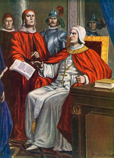 Papst Clemens VI. beauftragt den Bischof von Ferrara, ein Ultimatum an die Viscontis zu überbringen, 1351 von Tancredi Scarpelli