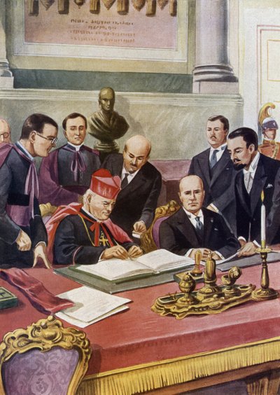Unterzeichnung der Lateranverträge (Patti lateranensi) zwischen der italienischen Regierung (faschistisch) und dem Heiligen Vatikan, die die Souveränität des Papstes im Vatikan garantieren und die katholische Religion in Italien formalisieren: Kardinal Pie von Tancredi Scarpelli