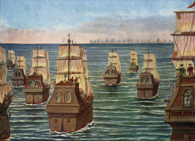 Die Schlacht von Cannanor fand im März 1506 vor dem Hafen von Cannanore in Indien statt, zwischen der indischen Flotte des Samorin von Calicut und einer portugiesischen Flotte unter Lourenco de Almeida, dem Sohn des Vizekönigs Almeida) Illustration von Tan von Tancredi Scarpelli