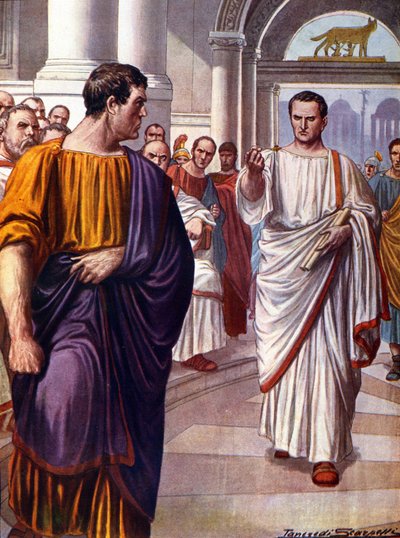 Der römische Staatsmann Cicero (Marcus Tullius Cicero) (106-43 v. Chr.) trifft auf den Verschwörer Catilina (Lucius Sergius Catilina) (108-62 v. Chr.), den er 63 v. Chr. in den Reden der Catilinarien anklagt. Illustration von Tancredi Scarpelli (1866-1937) von Tancredi Scarpelli