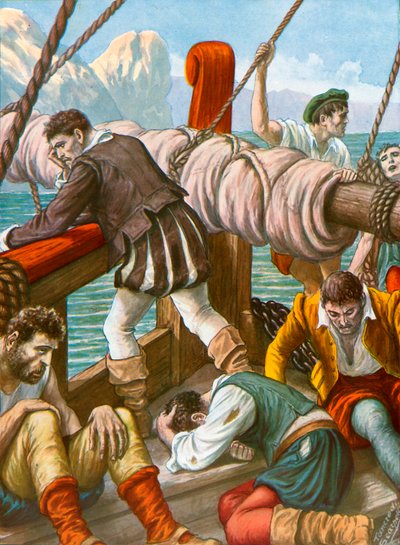 Die Besatzung des spanischen Schiffes Trinidad, dezimiert durch Hunger und Krankheit von Tancredi Scarpelli