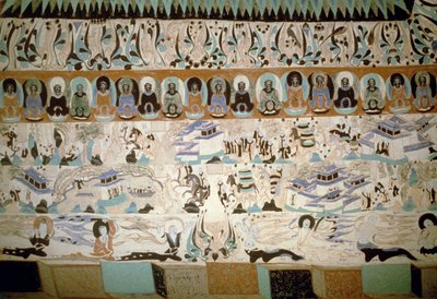 Buddha und Szenen des Alltagslebens, Fresko aus der Tang-Dynastie, China, 7.-10. Jahrhundert von Tang Dynasty Chinese School