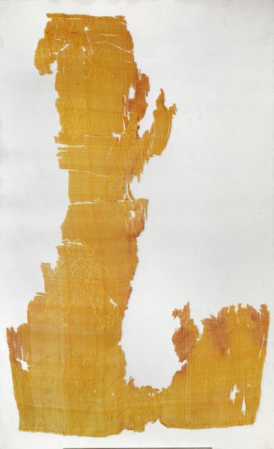 Fragment eines Materials mit Mustern von Blumenmotiven und Mandarinenten von Tang Dynasty Chinese School