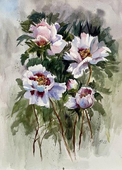 Weiße Aquarell-Pfingstrosen von Tanya Lundmark