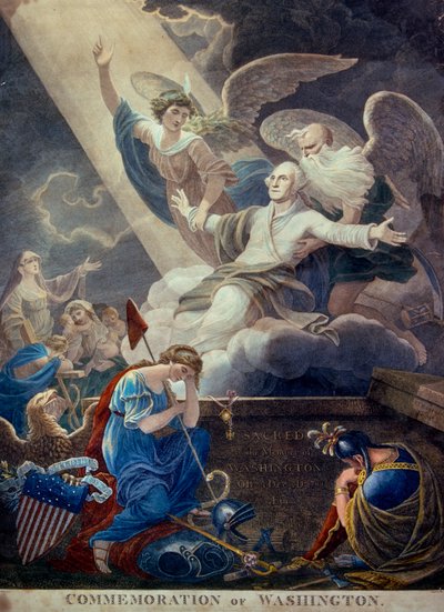 Farbstich von Ruhm für George Washington, der von Zeit und Unsterblichkeit in den Himmel gehoben wird, in Philadelphia graviert, ca. 1799 von Ted Spiegel