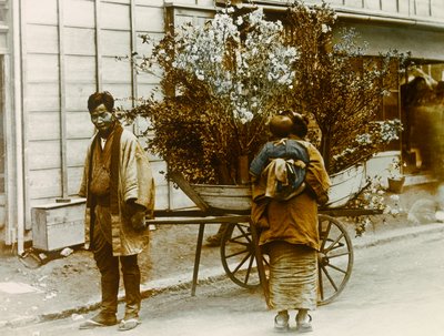 Wandernder Blumenverkäufer in den Straßen von Tokio, um 1900 - 1915 von Teijiro Takagi