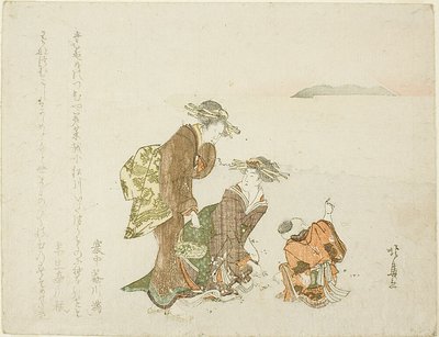 Zwei Mädchen und ein Junge am Ufer von Teisai Hokuba