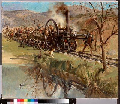 Trevithicks Penydarren-Lokomotive auf ihrer epischen Reise von Merthyr nach Abercynon, 21. Feb. 1804 (1963) von Terence Cuneo