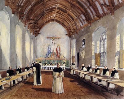 Rekonstruktionszeichnung des Refektoriums des Zisterzienserklosters Cleeve Abbey, 1991 von Terry Ball