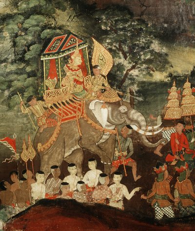 König Vessantara auf einem weißen Elefanten trifft die Brahmanen, Szene aus Vessantara Jataka, frühes 19. Jahrhundert von Thai School