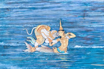 Wandgemälde mit Szenen aus dem Ramayana im Wat Phra Kaeo, dem Königspalast, Bangkok, Thailand von Thai School