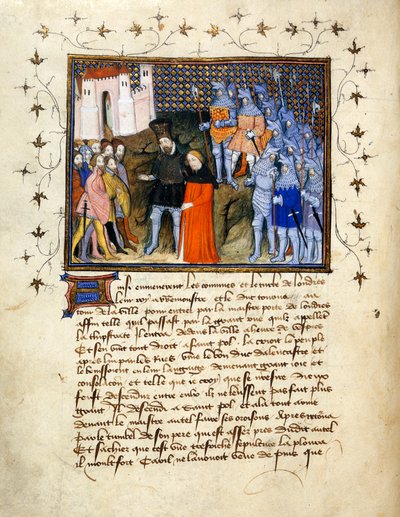 (Ganzes Folio) König Richard II., von Henry Bolingbroke nach London geführt, verzichtet auf den Thron; dekorierter Rand mit Text darunter. von The Virgil Master