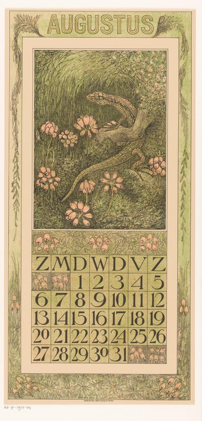 Kalenderblatt August mit Eidechse und Heidekraut von Theo van Hoytema