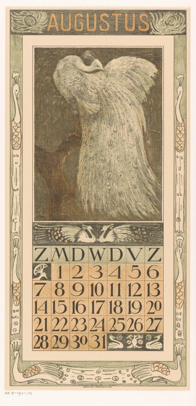 Kalenderblatt August mit weißem Pfau von Theo van Hoytema