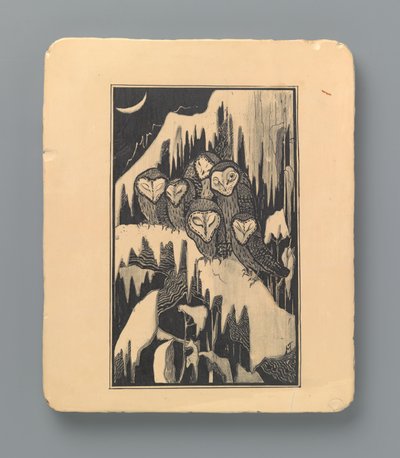 Sechs schlafende Schleiereulen auf verschneiten Ästen von Theo van Hoytema