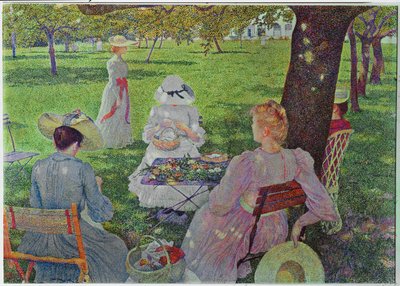 Familie in einem Garten mit Obstbäumen von Theo van Rysselberghe