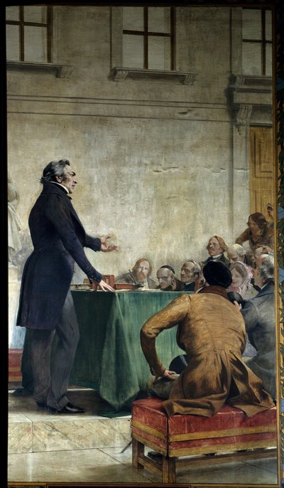 Francois Arago (1786-1853) studierte populäre Astronomie im Amphitheater des Observatoriums. Gemälde von Theobald Chartran (1849-1907). Paris, La Sorbonne - Francois Arago (1786-1853) hält einen Vortrag über populäre Astronomie am Königlichen Observatorium von Theobald Chartran