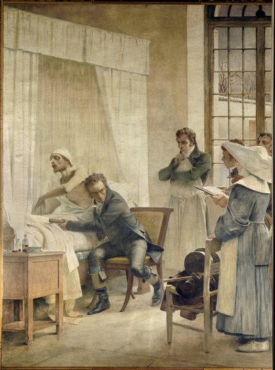 Rene Laennec untersucht eine Patientin vor seinen Studenten. Rene-Theophile-Hyacinthe Laennec (1781-1826), französischer Arzt, Erfinder des Stethoskops. Fresko von Theobald Chartran