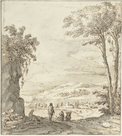 Italienische Flusslandschaft mit Spaziergängern bei einem Felsen von Theodoor Wilkens